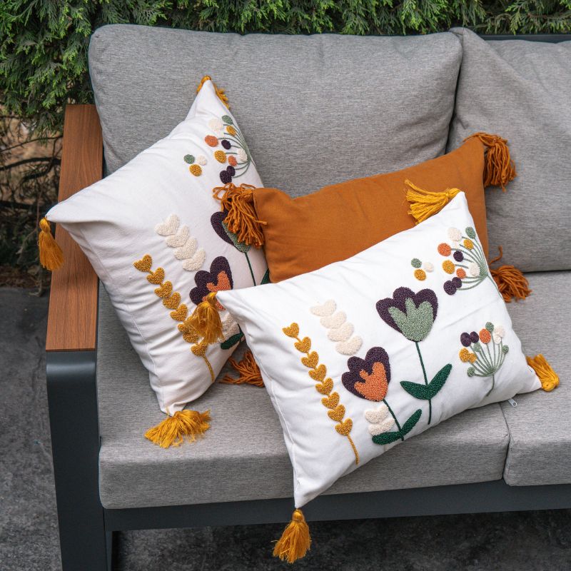 Wildflower Series square heart bloom embroidered cushion with tassels