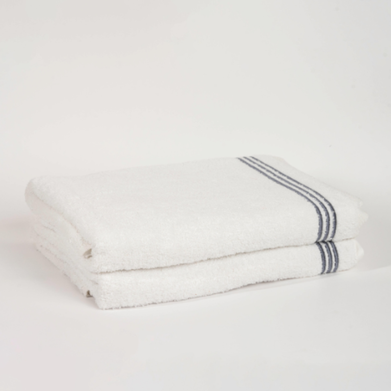 White cotton towel set with gray striped border – luxury soft absorbent bathroom towels