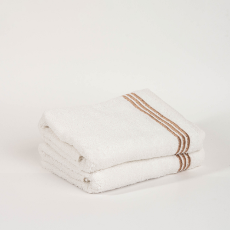 White cotton towel set with gray striped border – luxury soft absorbent bathroom towels
