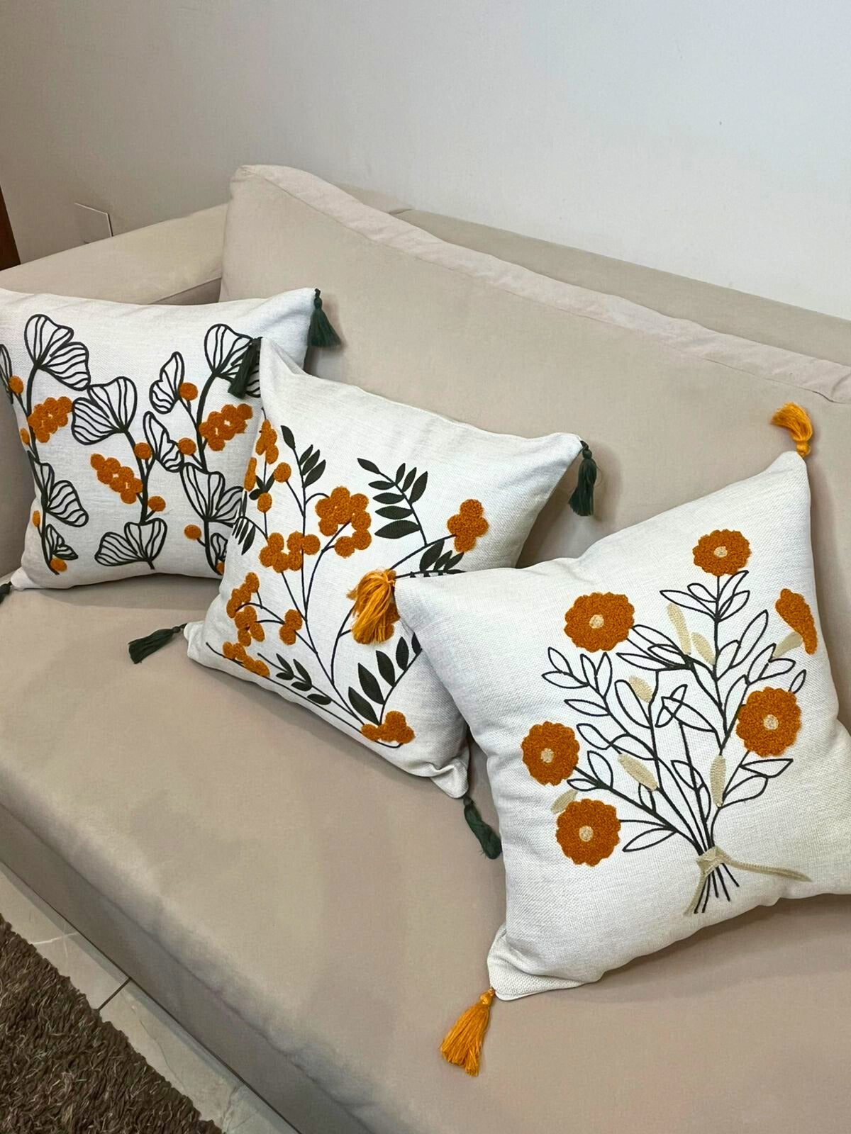 Embroidered Floral Cushion Cover with Mustard Tassels – Ivory