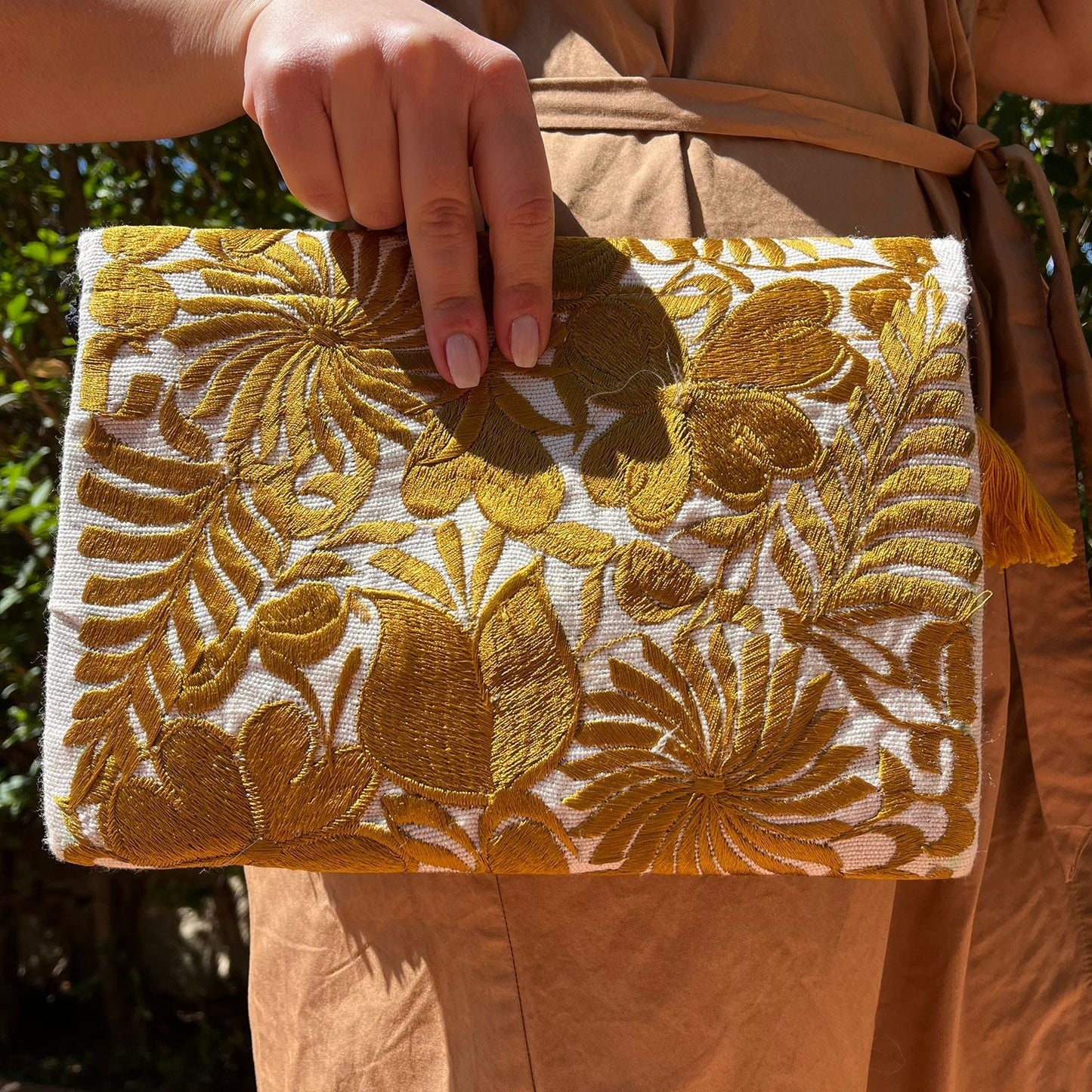 Mustard Yellow Floral Embroidered Clutch Bag with Tassels – Bohemian Handmade Envelope Purse