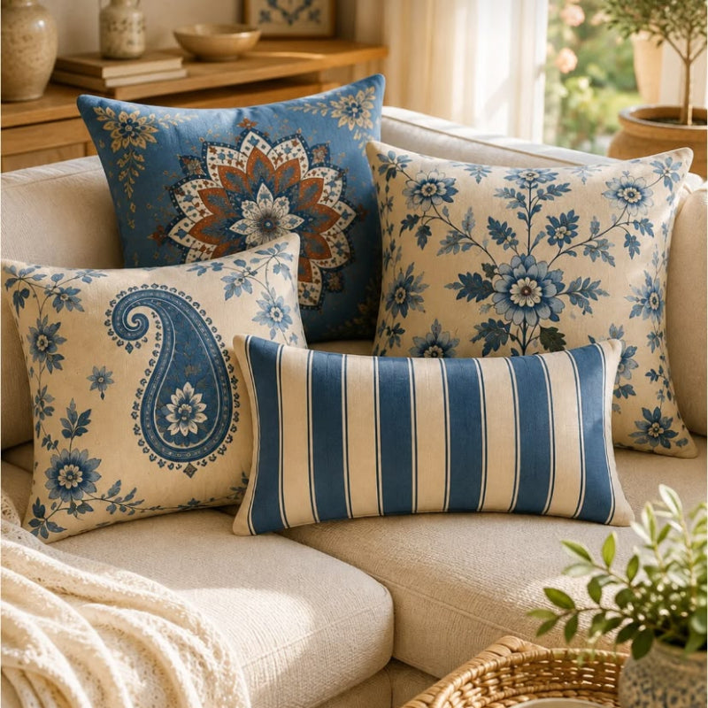 Blue and cream floral, paisley, mandala and striped decorative cushion covers styled on a neutral sofa