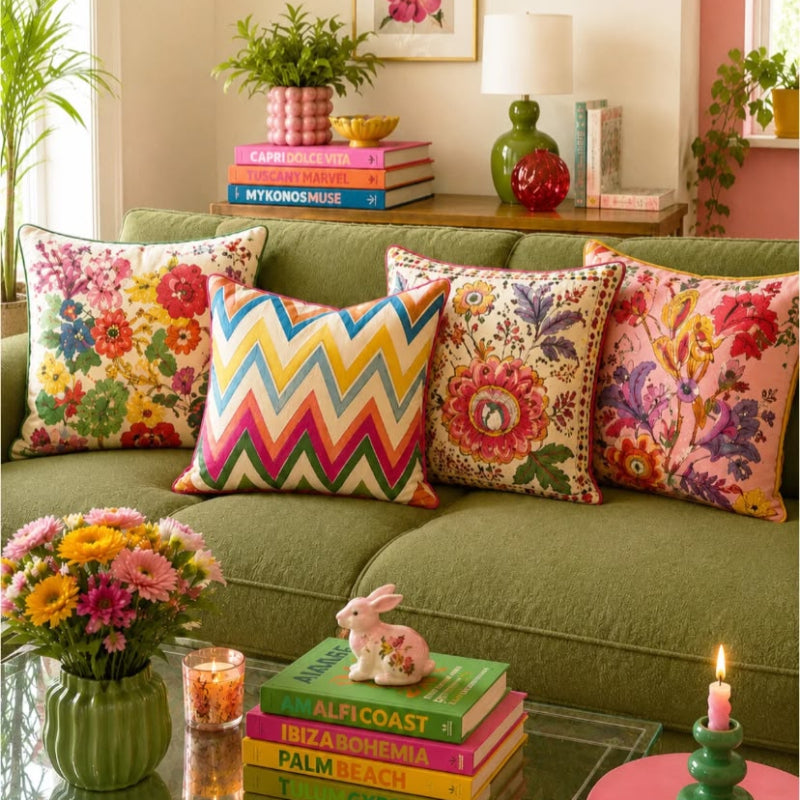 Colorful floral and chevron decorative cushion covers styled on a green sofa in a bright living room