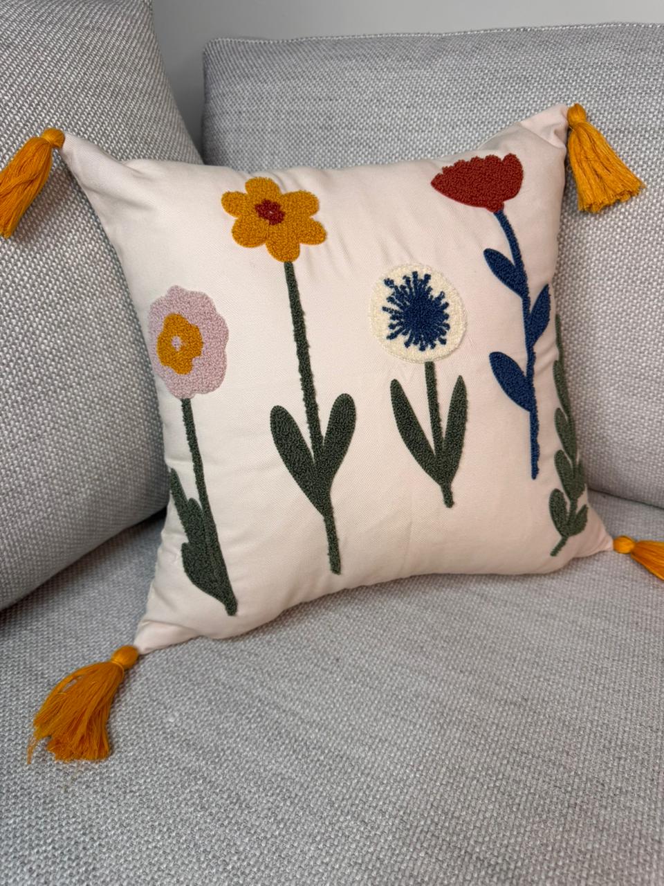 Bloomfield Collection - Square Embroidered Floral Cushion with Tassels