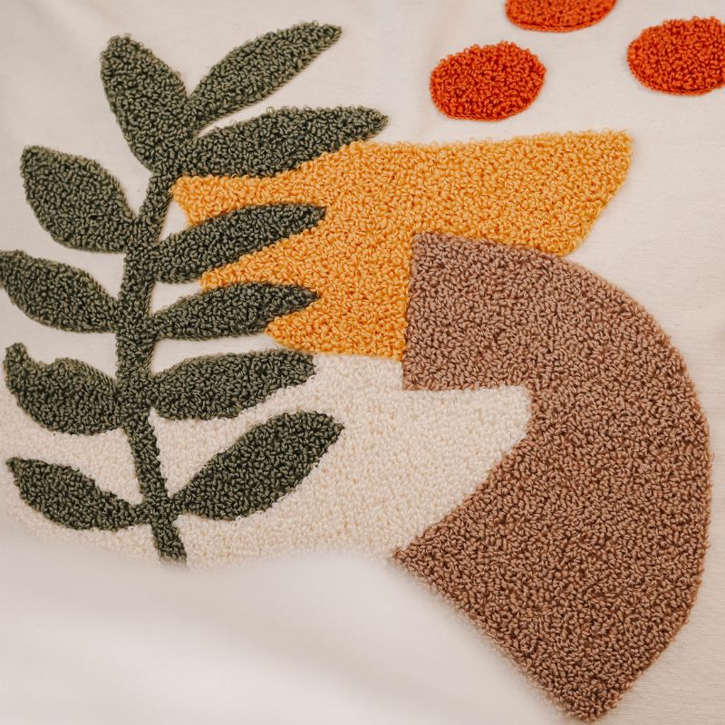 Abstract Garden Collection square vase embroidered cushion cover with green tassels in red, mustard, beige, and olive green – 43x43 cm decorative pillow