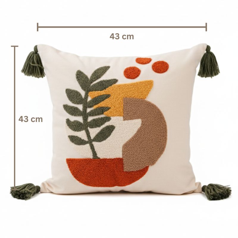 Abstract Garden Collection square vase embroidered cushion cover with green tassels in red, mustard, beige, and olive green – 43x43 cm decorative pillow