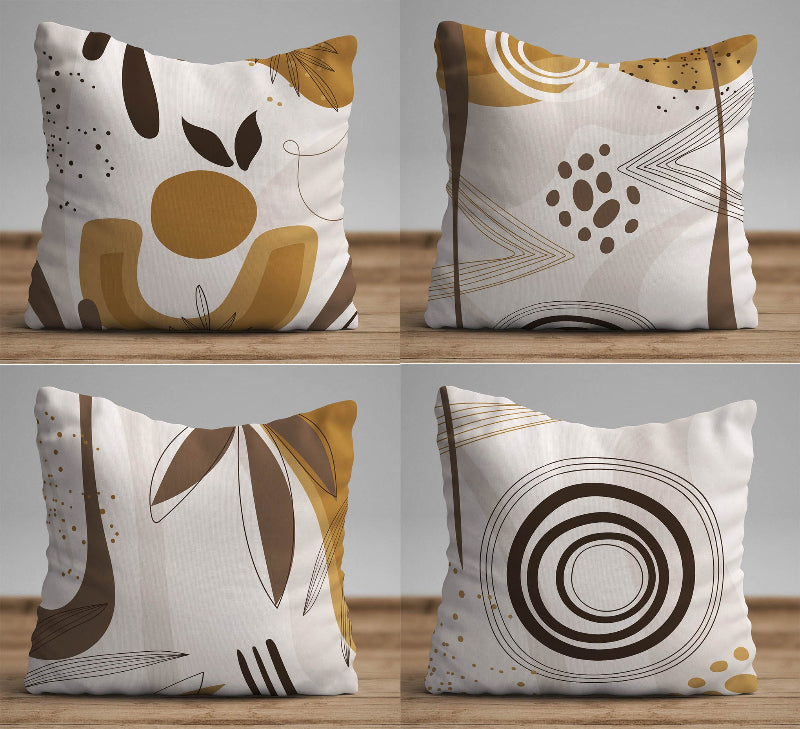 Abstract geometric cushion cover with brown, beige and mustard shapes and lines