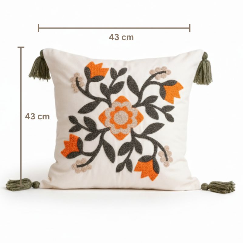 Folk Garden Collection folk embroidered floral cushion cover with tassels in black, beige, and orange – 43x43 cm decorative pillow