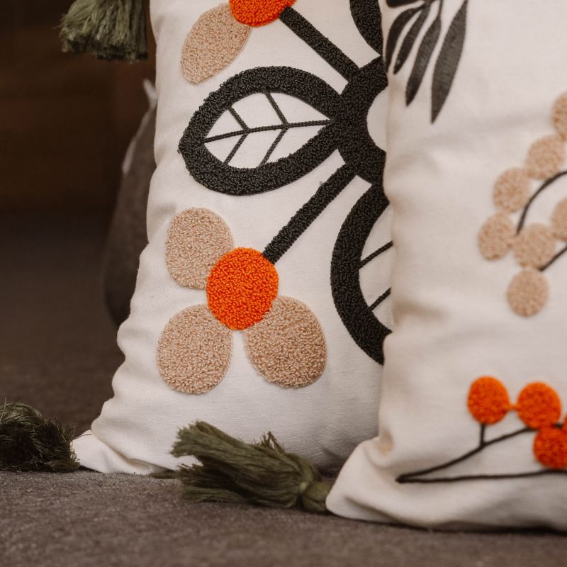Folk Garden Collection geometric floral embroidered cushion cover with tassels in black, beige, and orange – 43x43 cm decorative pillow
