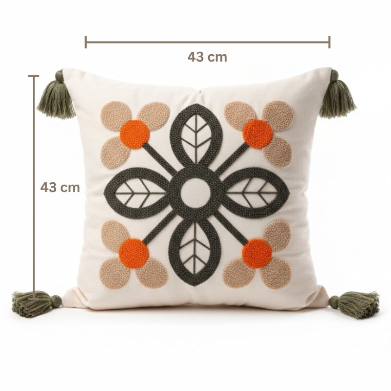 Folk Garden Collection geometric floral embroidered cushion cover with tassels in black, beige, and orange – 43x43 cm decorative pillow