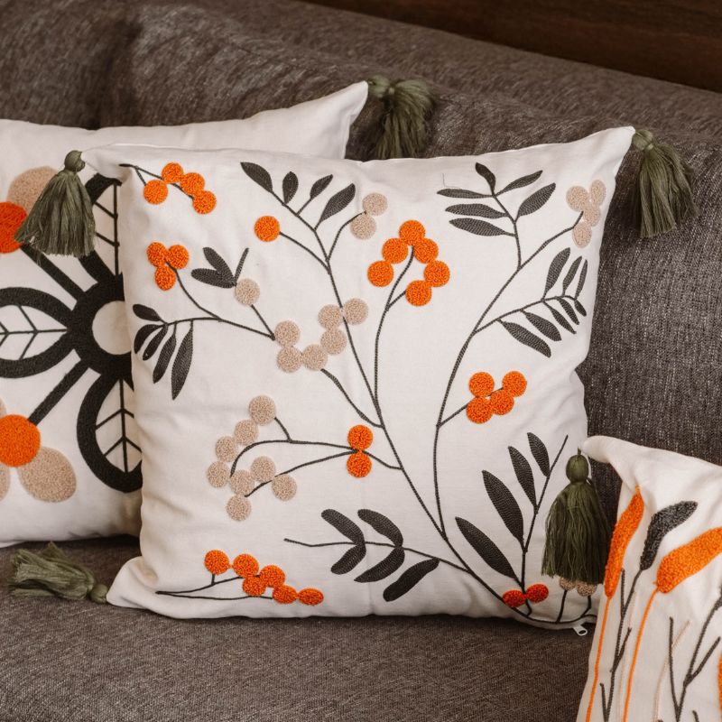 Folk Garden Collection botanical embroidered cushion cover with tassels featuring green leaves and orange-red berries – 43x43 cm decorative pillow