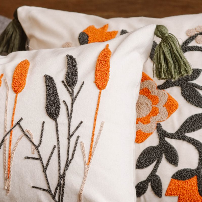Folk Garden Collection rectangular botanical embroidered cushion cover with tassels featuring green leaves and burnt orange reeds – 35x50 cm rectangle pillow