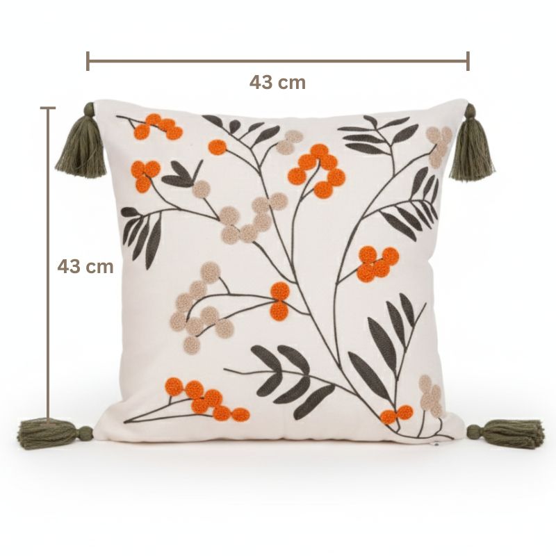 Folk Garden Collection botanical embroidered cushion cover with tassels featuring green leaves and orange-red berries – 43x43 cm decorative pillow