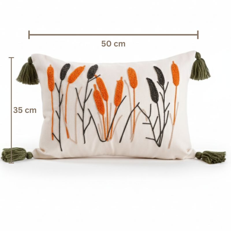 Folk Garden Collection rectangular botanical embroidered cushion cover with tassels featuring green leaves and burnt orange reeds – 35x50 cm rectangle pillow