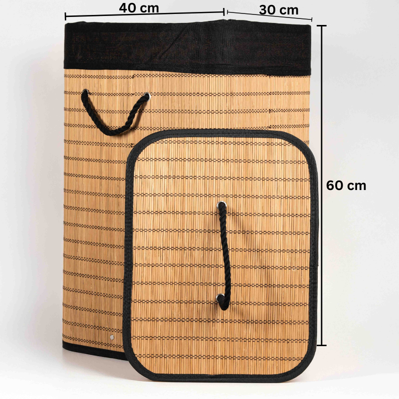 Rectangle bamboo laundry basket with lid and black fabric lining.
