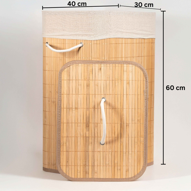 Round bamboo laundry basket with lid and off-white fabric lining.