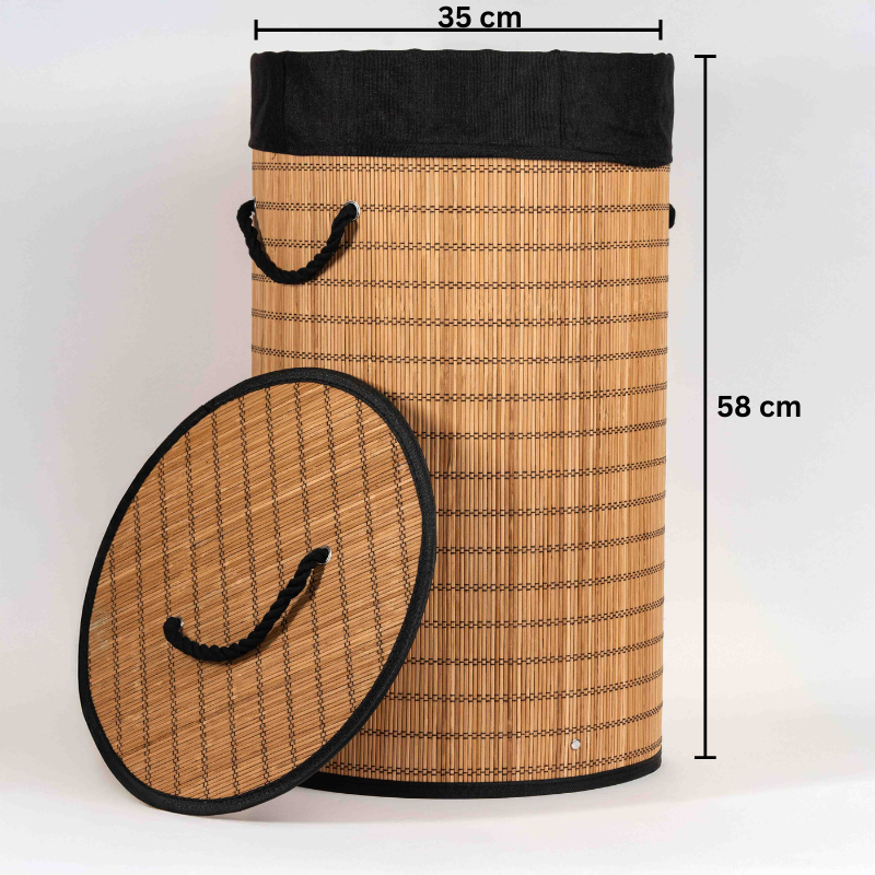 Round bamboo laundry basket with lid and black fabric lining.