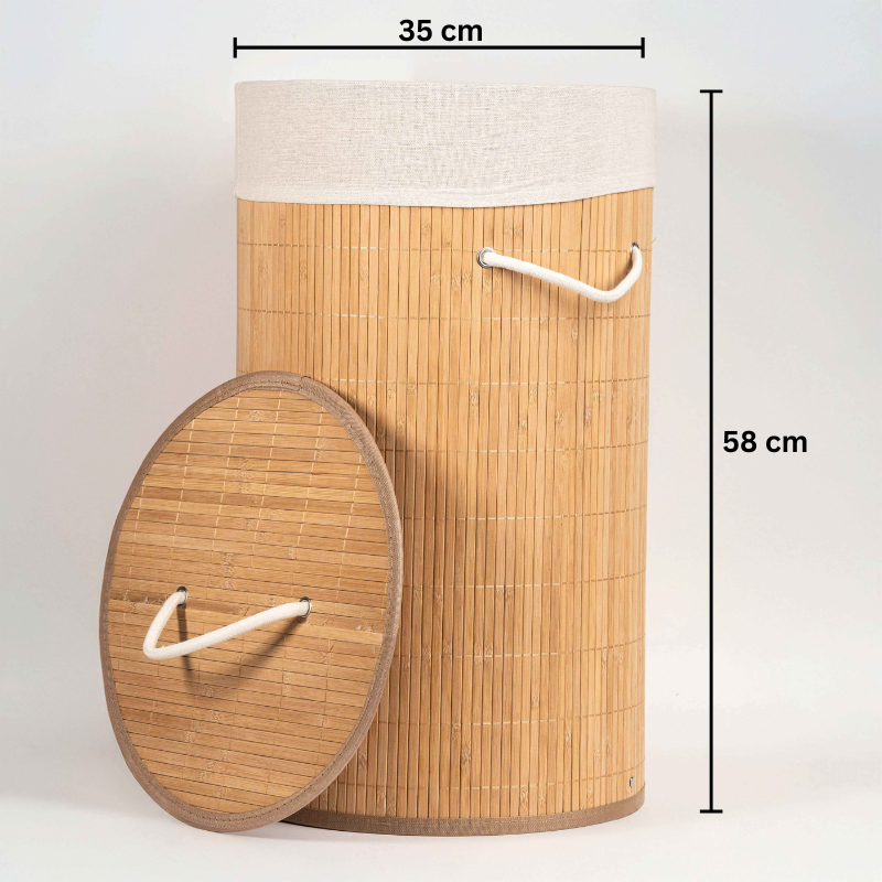 Round bamboo laundry basket with lid and off-white fabric lining.
