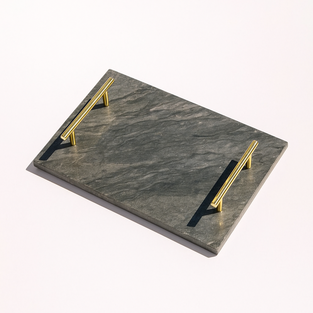 slate marble tray with brass handles placed poolside – luxury stone serving tray