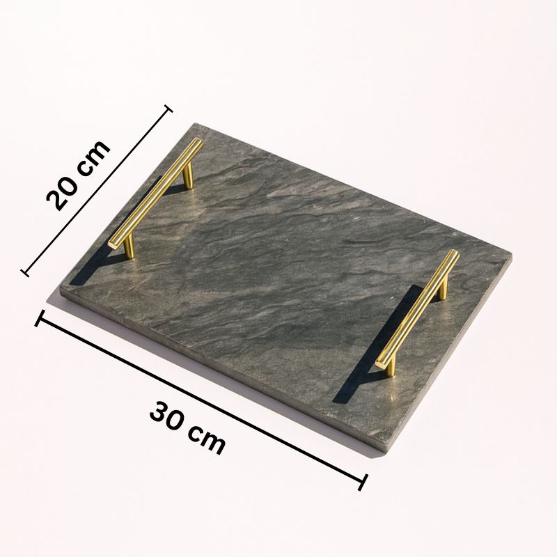 slate marble tray with brass handles placed poolside – luxury stone serving tray