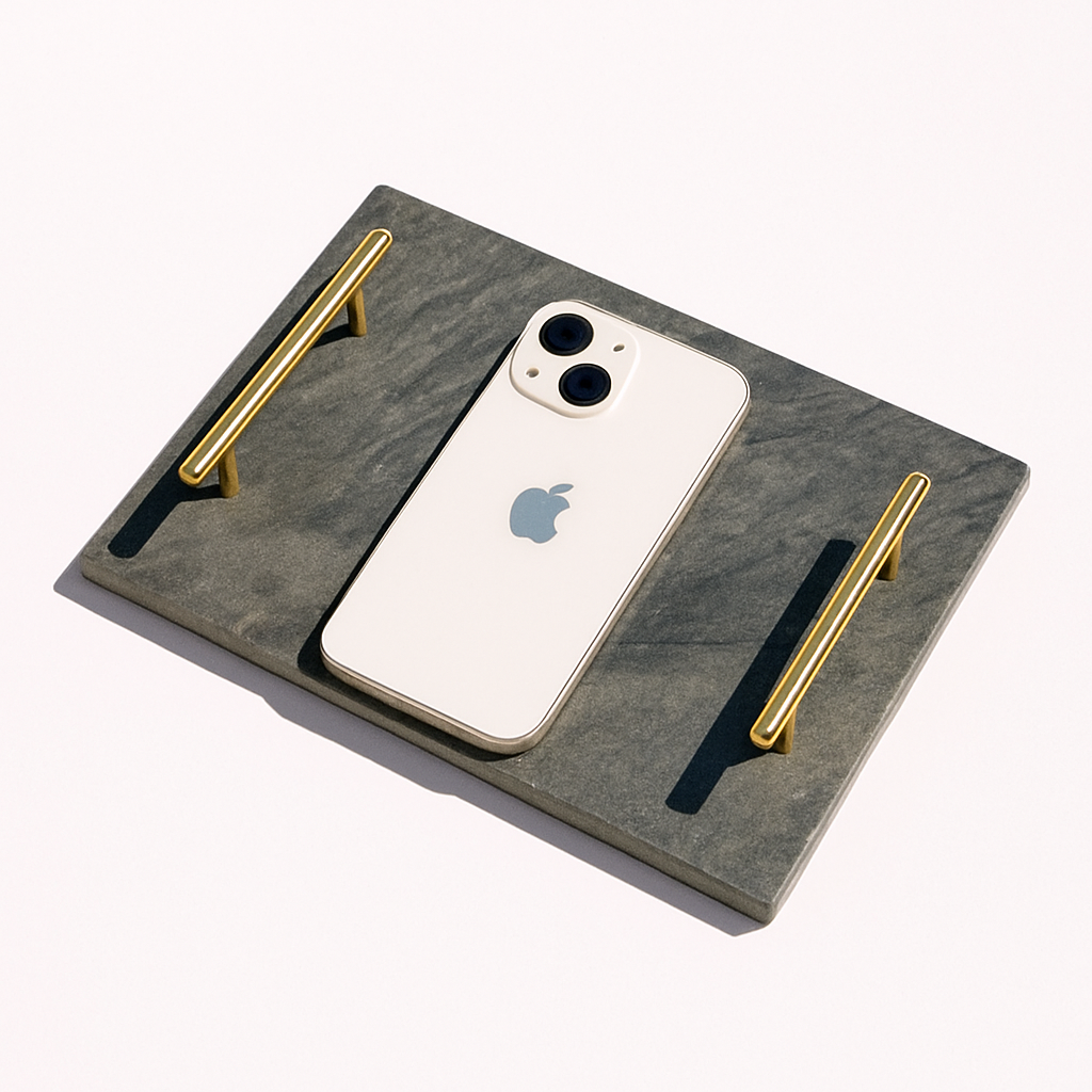 slate marble tray with brass handles placed poolside – luxury stone serving tray