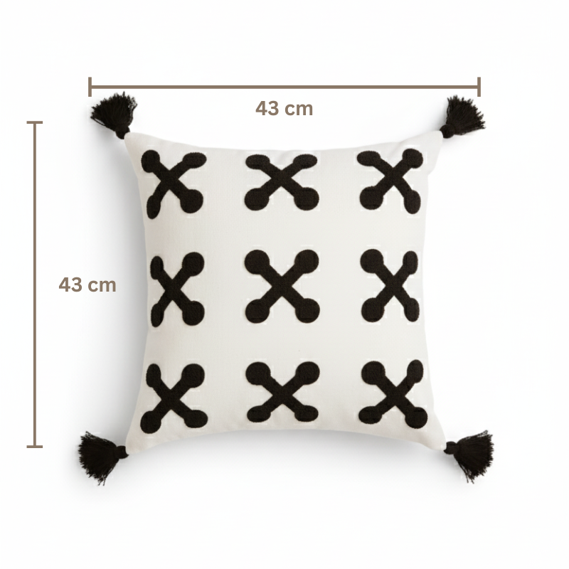 Urban Collection square cross pattern embroidered cushion cover in black and white with black tassels – 43x43 cm decorative pillow
