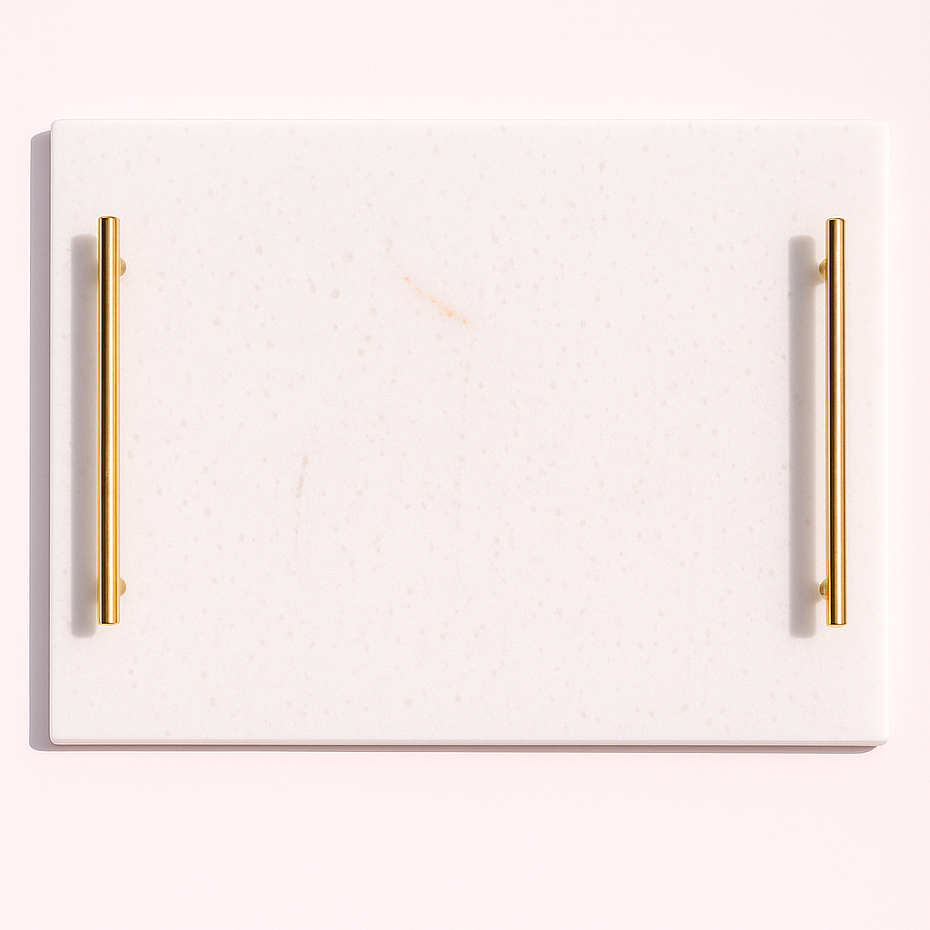 white marble tray with brass handles next to pool – luxury serving tray