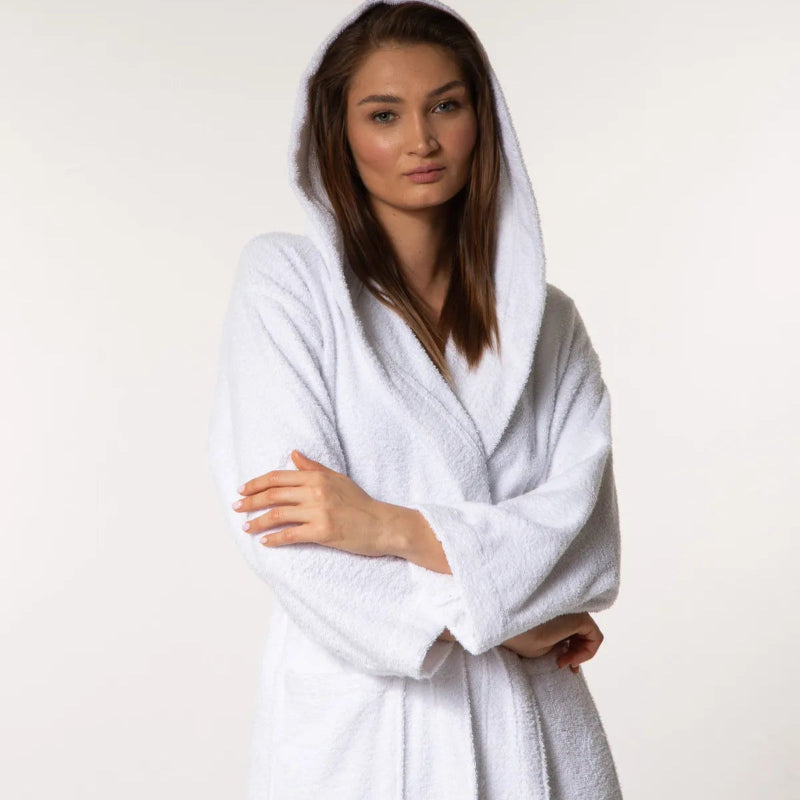 Luxury hooded cotton bathrobe with belt and pockets
