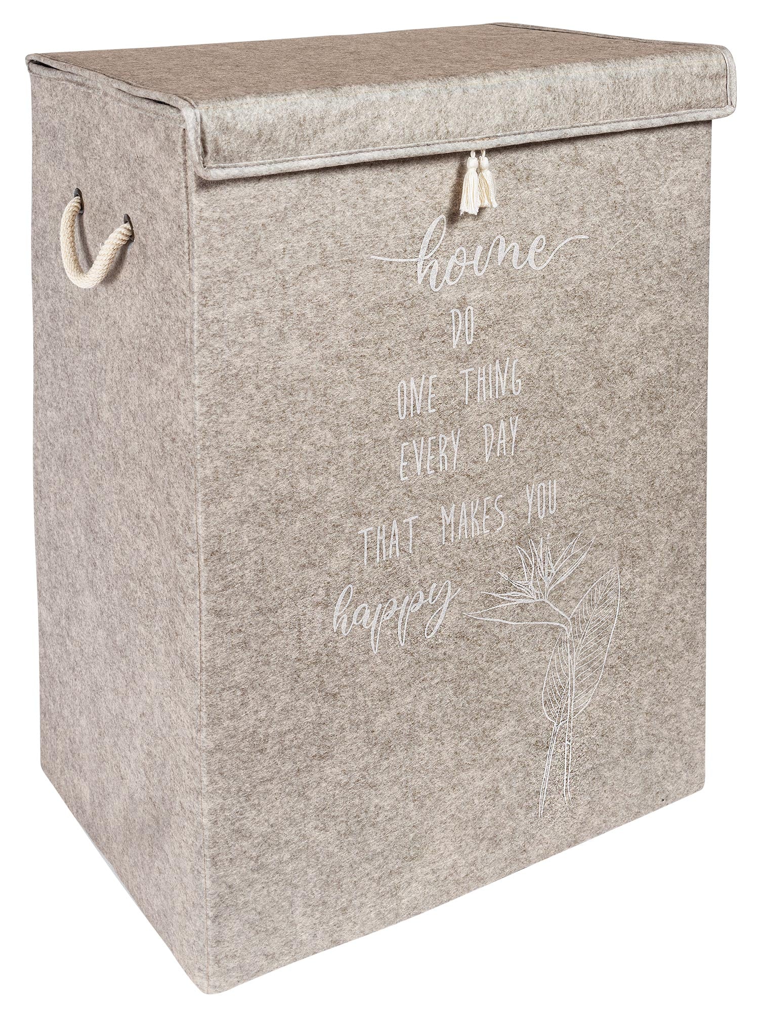  felt laundry basket with lid and tassel
 felt storage box with rope handles
Modern laundry hamper with inspirational text design
felt organizer for clothes, toys, or linens