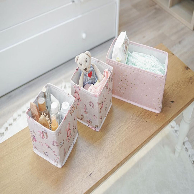 Baby drawer organizer set of 3 with diapers, toys, and bottles
Fabric nursery storage bins in pastel pink with patterns
Drawer organizers for baby clothes, diapers, and essentials
Cute foldable fabric organizers on a wooden table