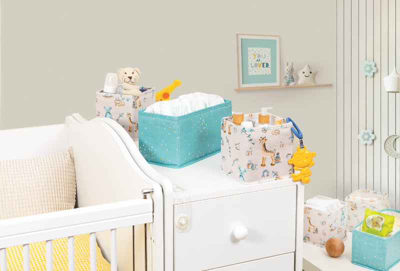 Baby drawer organizer set of 3 with diapers, toys, and bottles
Fabric nursery storage bins in pastel pink with patterns
Drawer organizers for baby clothes, diapers, and essentials
Cute foldable fabric organizers on a wooden table
