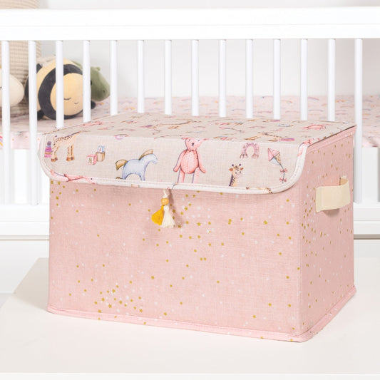 Teal fabric storage box with lid and handles – nursery toy organizer”
“Nursery storage box in teal fabric with golden stars and tassel detail”
“Large teal fabric bin with illustrated lid for toys and baby clothes”
“Decorative teal nursery storage chest with cute baby prints”
“Fabric toy and blanket organizer with lid – teal and gold design”