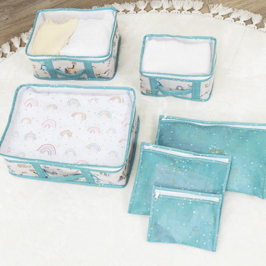 6-piece blue baby travel organizer set with mesh packing cubes and zippered pouches, nursery star pattern luggage organizers.