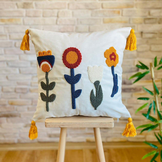 Sunny Bloom Collection square floral embroidered cushion cover with colorful flowers and yellow tassels – 43x43 cm decorative pillow