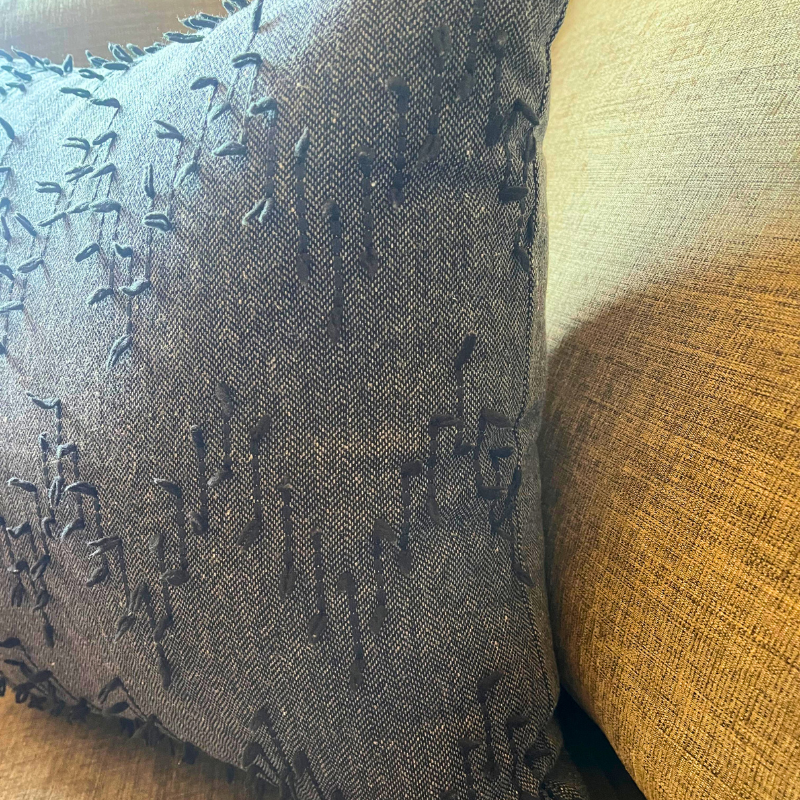 Polka Zigzag Collection – 43x43 cm Dark Charcoal embroidered cushion cover on beige sofa