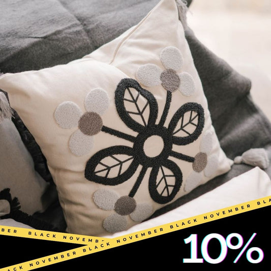 Timeless Collection – Square Embroidered Cushion Cover with Navy & Grey Petal Motif – 43x43 cm