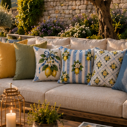 Set of four Mediterranean-inspired decorative cushion covers featuring lemons, citrus blossoms, blue ceramic vases, striped patterns, and traditional Italian tile motifs displayed on a neutral sofa.
