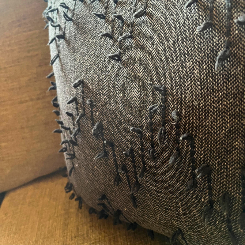 Polka Zigzag Collection – 43x43 cm Dark Charcoal embroidered cushion cover on beige sofa