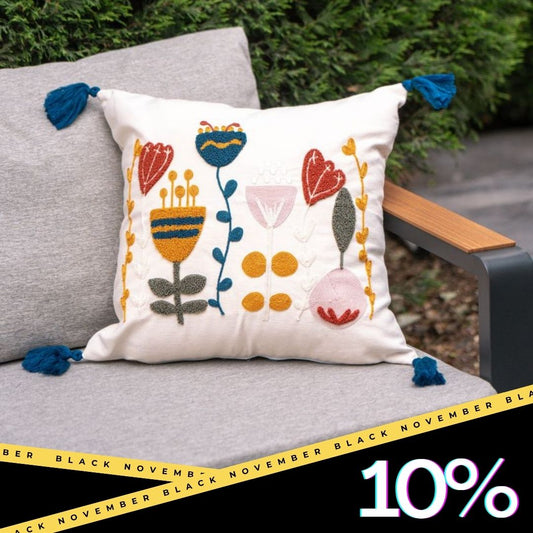 Colorful Tufted Floral Cushion Cover – Boho Chic Embroidery on Ivory Cotton (43×43 cm)