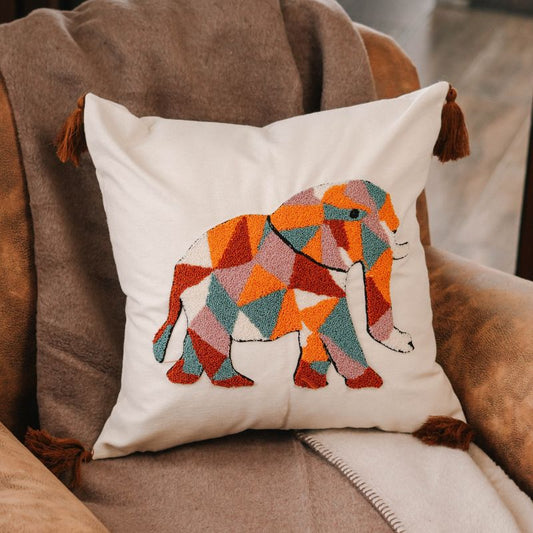 Geometric elephant embroidered cushion cover with colorful patchwork and tassels – 43x43 cm boho style pillow cover