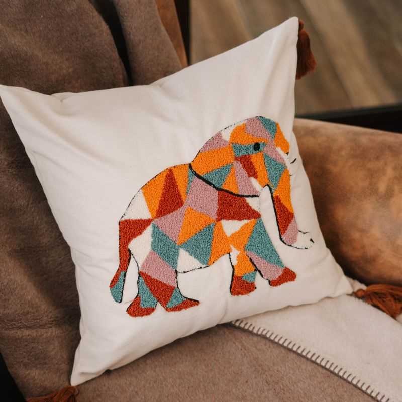 Geometric elephant embroidered cushion cover with colorful patchwork and tassels – 43x43 cm boho style pillow cover