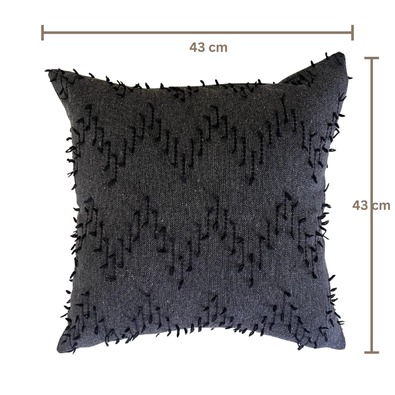 Polka Zigzag Collection – 43x43 cm Dark Charcoal embroidered cushion cover on beige sofa