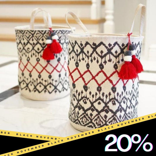 Boho Kilim Round Storage Basket with Red Tassel
