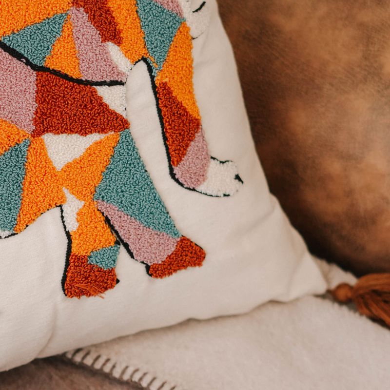Geometric elephant embroidered cushion cover with colorful patchwork and tassels – 43x43 cm boho style pillow cover