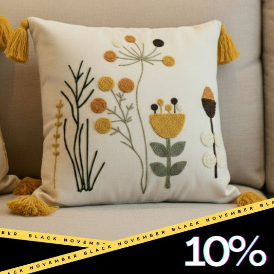 Contempo Floral Collection – Square Embroidered Cushion Cover with Yellow Tassels – Wildflower Motif – 43x43 cm