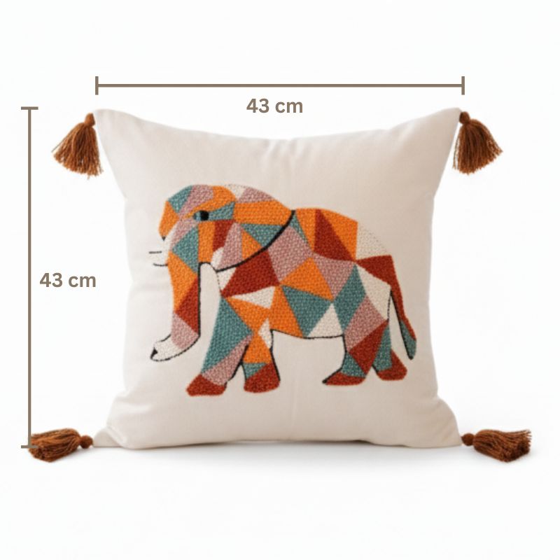 Geometric elephant embroidered cushion cover with colorful patchwork and tassels – 43x43 cm boho style pillow cover