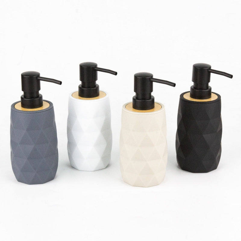 Set of four geometric soap dispensers in gray, white, beige, and black with bamboo detail