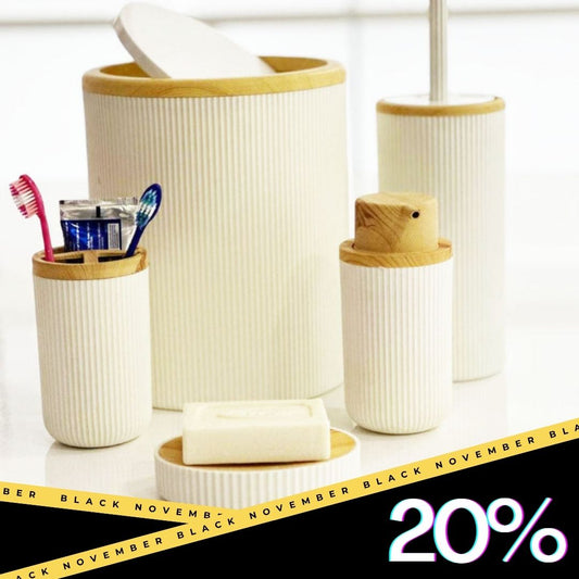 White Modern Bathroom Accessories Set with Wood Accents – 5 Pieces
