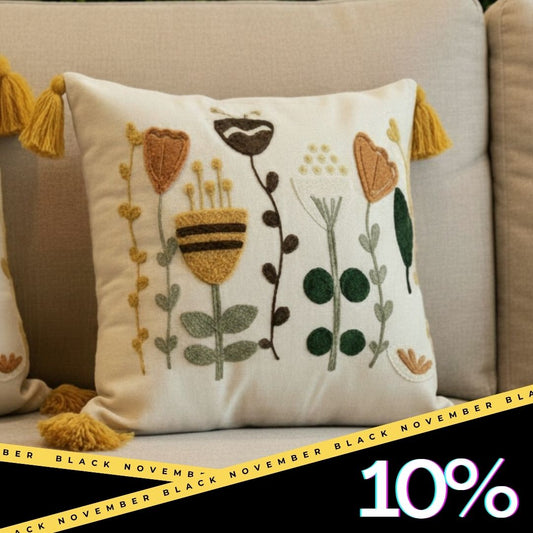 Contempo Floral Collection – Square Embroidered Cushion Cover with Yellow Tassels – Folk Blooms Motif – 43x43 cm