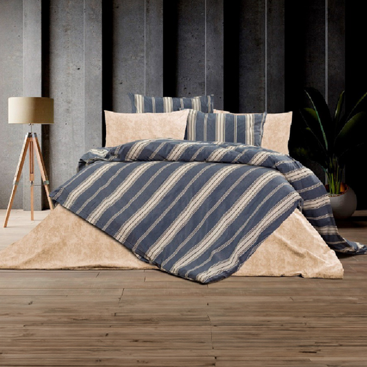 Navy blue and beige striped bedding set with cotton duvet cover and pillows